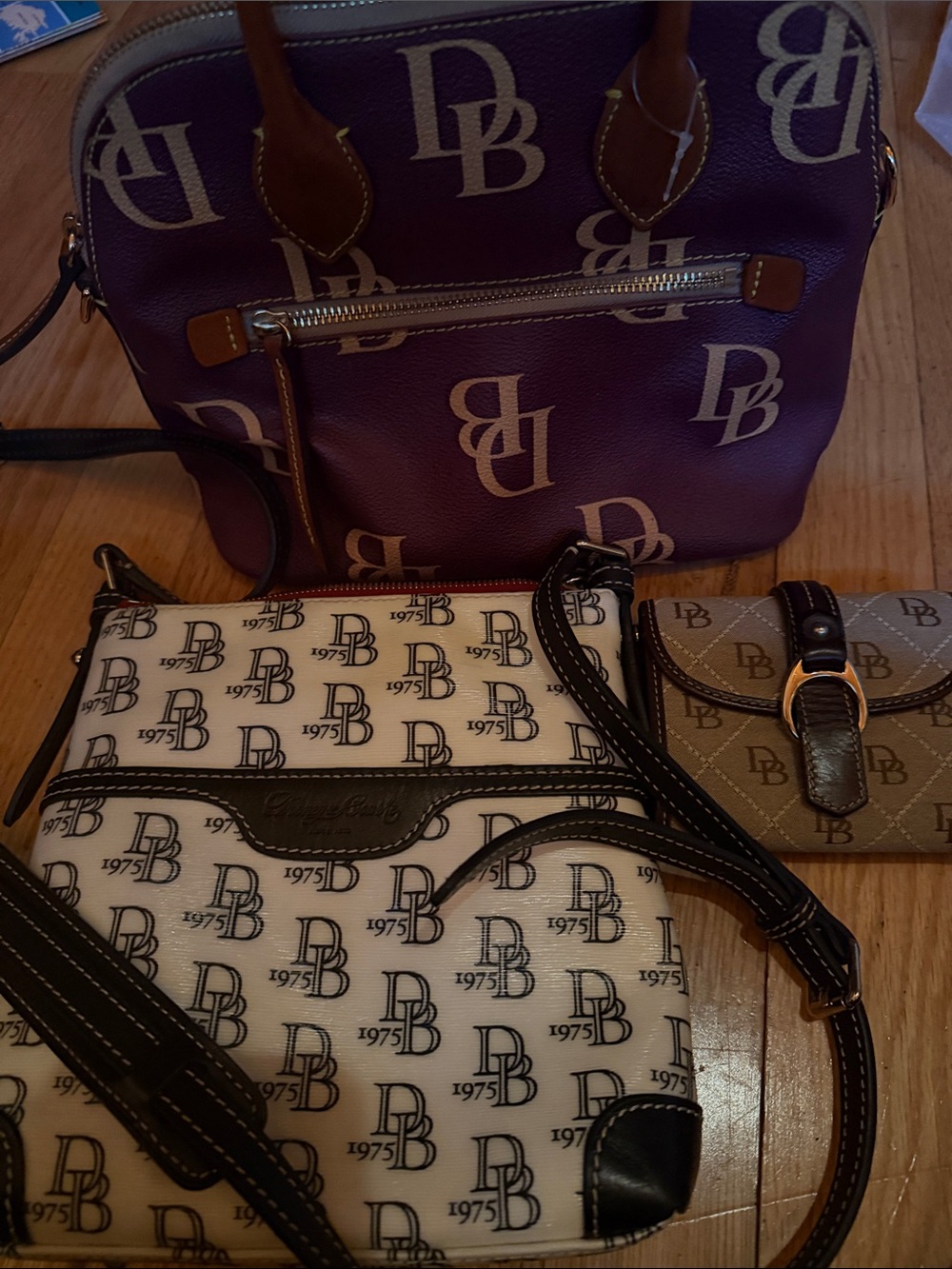 Dooney & Bourke Purple, Cream & Tan Logo Bag Set
